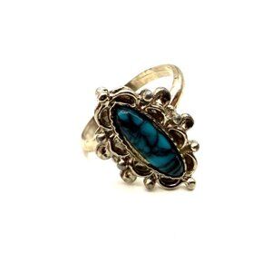 Vintage Marquise Blue Turquoise Style Ring Silver Tone Ornate Boho Southwestern